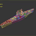 Warship 3D Model With Red And White Striped Hull Gray Body Multiple Turrets And Superstructure