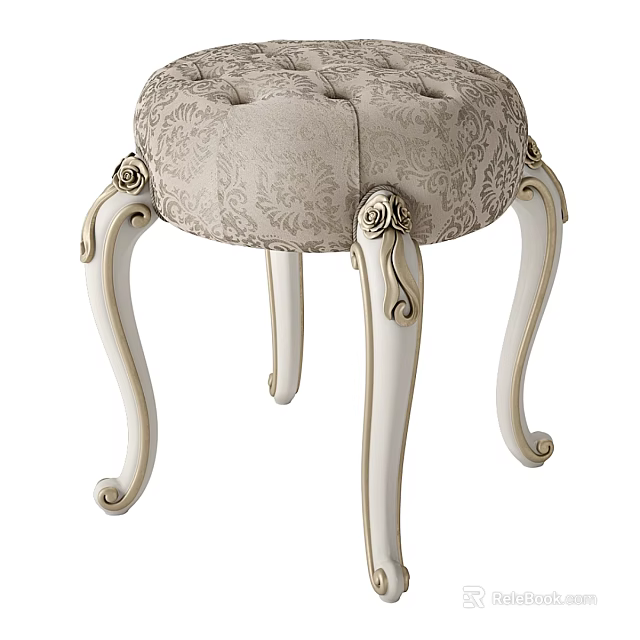 Classic Tufted Sofa Stool With Floral Pattern Upholstery And Carved White Legs 3d model 