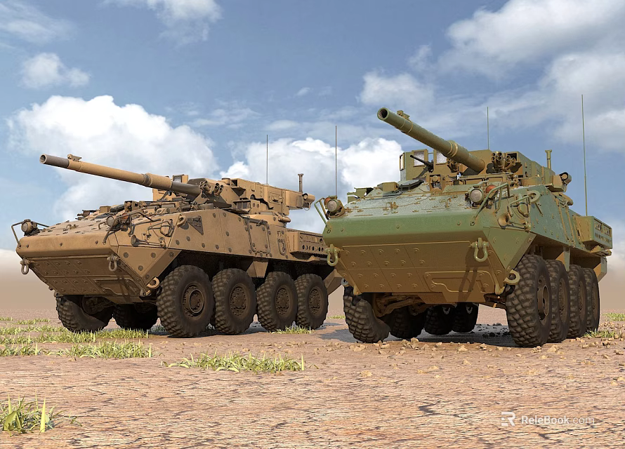 Two Tan And Green Armored Tanks On Sandy Terrain Under Blue Sky White Clouds 3d model 