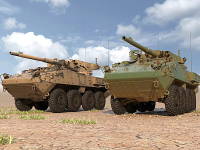 Two Tan And Green Armored Tanks On Sandy Terrain Under Blue Sky White Clouds 3d model