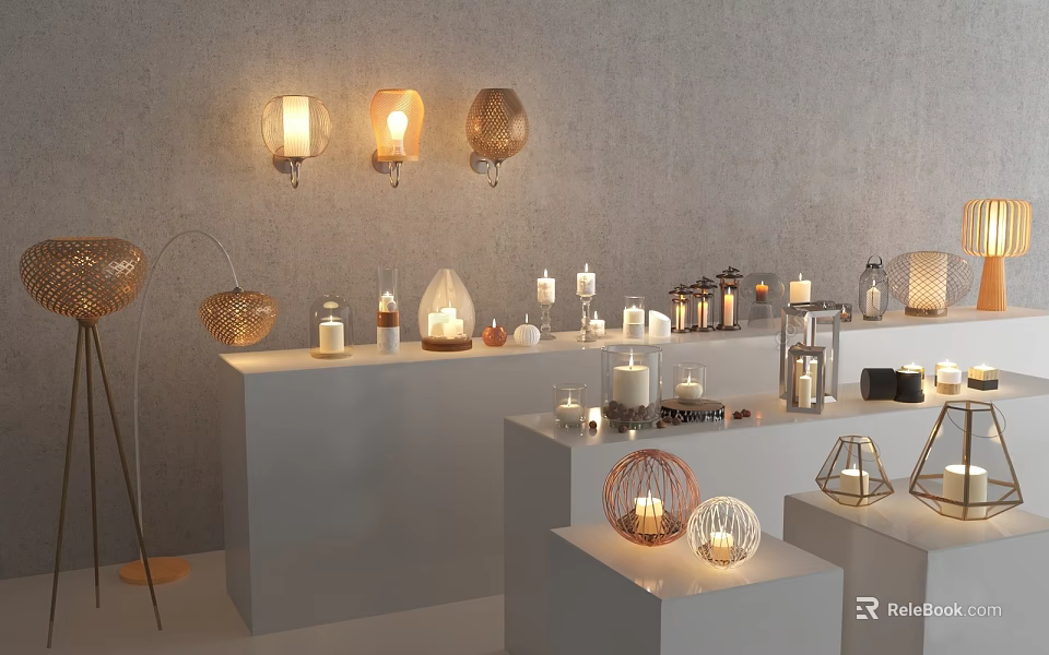 Woven Metallic Lighting Combinations With Wall Table Lamps and Candle Holders on Display Stands 3d model 
