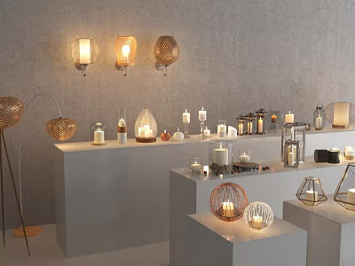 Woven Metallic Lighting Combinations With Wall Table Lamps and Candle Holders on Display Stands 3d model