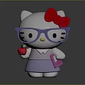 Cute White Cat with Red Bow Purple Glasses Red Apple Pink Notebook and Purple Dress
