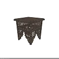 Dark Brown Wooden Stool With Carved Lattice Design And Inlaid Leaf Patterns