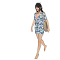 Woman In Floral Dress With Straw Bag Three Quarter Back Front Views