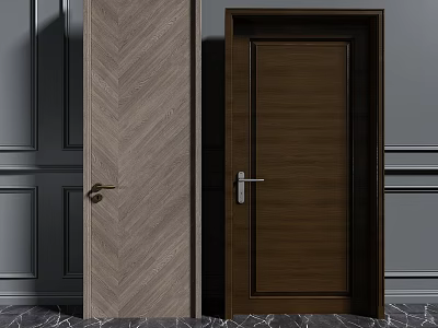 Bedroom Interior With Herringbone And Dark Brown Wooden Doors On Gray Walls And Marble Floor 3d model