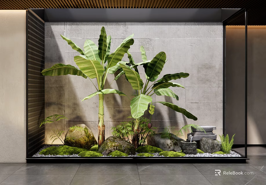 Lush Indoor Landscape With Banana Plants Gray Wall Black Border Moss Stones And Water Feature 3d model 