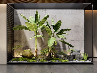 Lush Indoor Landscape With Banana Plants Gray Wall Black Border Moss Stones And Water Feature 3d model