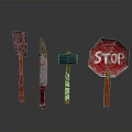 Still Life Tool Collection With Perforated Spatula Knife Hammer And Red Stop Sign