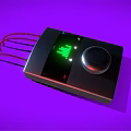 Modern Digital Device with Red Cables Green Indicator Lights and Circular Knob on Purple Background