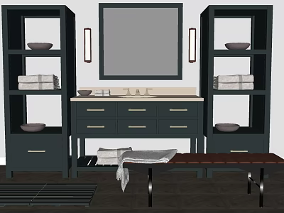Bathroom Sink Vanity With Wall Mirror Storage Cabinets Towels And Leather Bench 3d model