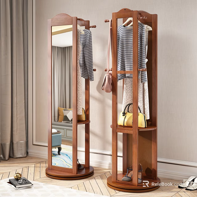 Wooden Floor Coat Rack With Mirror Hanging Clothes And Storage Bags For Daily Necessities 3d model 