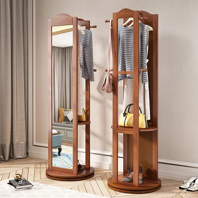 Wooden Floor Coat Rack With Mirror Hanging Clothes And Storage Bags For Daily Necessities 3d model