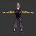 3D Cartoon Character With Bald Head Red Markings Purple Outfit Yellow Sleeves Black Belt Standing