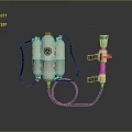 Portable Flame Thrower Weapon Featuring White Gas Cylinders Red Nozzle And Black Carrying Straps