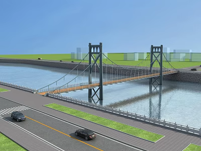 Modern Suspension Bridge Over River With Road Cars And City Skyline 3d model