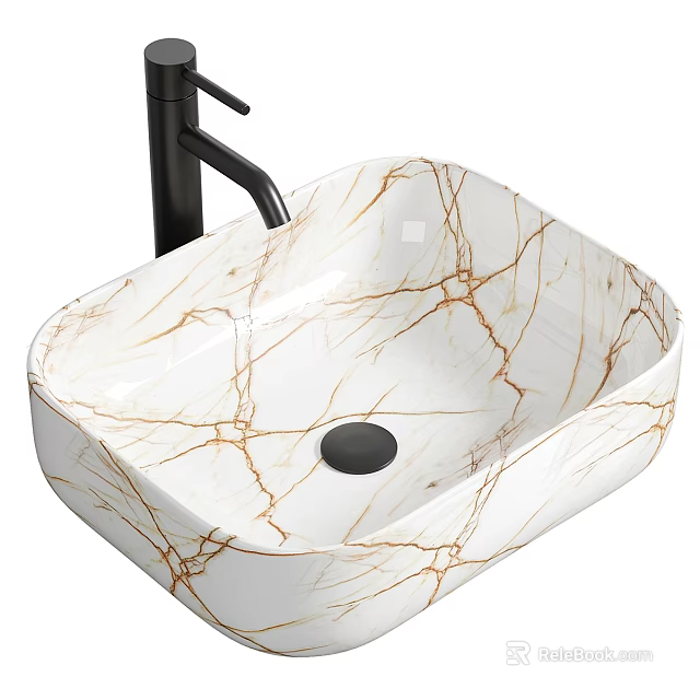 Elegant Modern White Marble Texture Washbasin With Black Faucet And Drain 3d model 