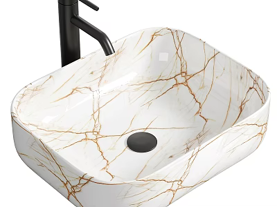 Elegant Modern White Marble Texture Washbasin With Black Faucet And Drain 3d model