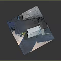 Small Building Model With Red And Blue Painted Walls Roof And Window Details