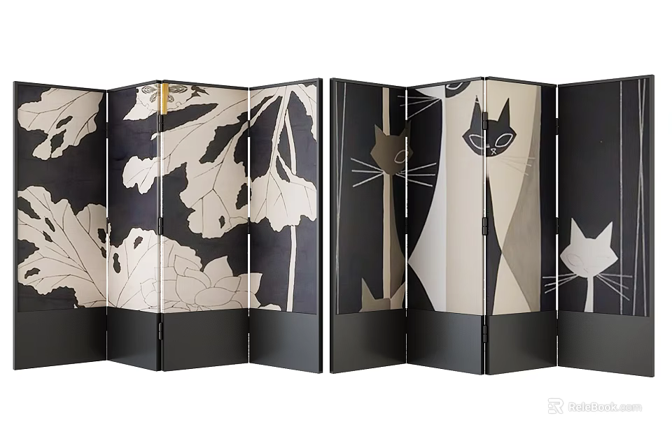 Decorative Room Divider With Black And White Leaves And Cat Patterns Design 3d model