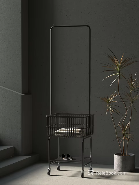 Black Metal Clothes Rack with Lattice Basket Holding White Items Beside Plant on Gray Wall 3d model 