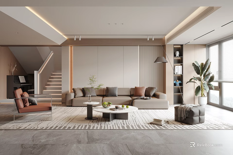 Modern Minimalist Living Room With Beige Sofa Throw Pillows Orange Armchair Coffee Table And Rug 3d model 