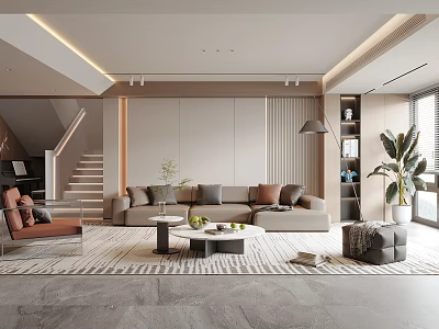 Modern Minimalist Living Room With Beige Sofa Throw Pillows Orange Armchair Coffee Table And Rug 3d model