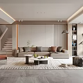 Modern Minimalist Living Room With Beige Sofa Throw Pillows Orange Armchair Coffee Table And Rug