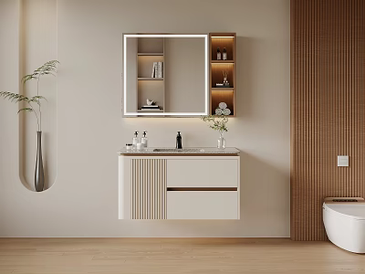 Modern White Wall Mounted Bathroom Cabinet With Mirror Open Shelves And Wooden Accent Wall 3d model