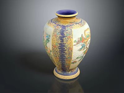 Traditional Blue And Gold Vase With Intricate Patterns And Painted Figures 3d model