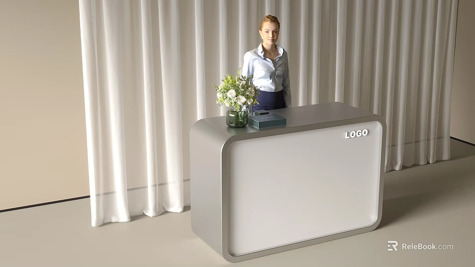 Modern Reception Desk with White Curtain Background Vase Green Flowers Black Box and LOGO 3d model 