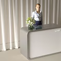 Modern Reception Desk with White Curtain Background Vase Green Flowers Black Box and LOGO