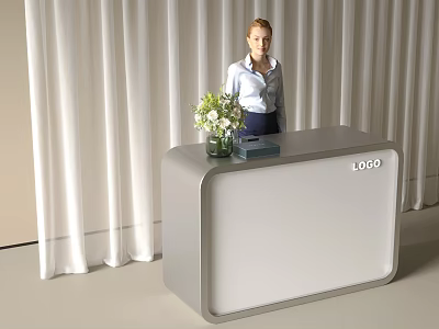 Modern Reception Desk with White Curtain Background Vase Green Flowers Black Box and LOGO 3d model