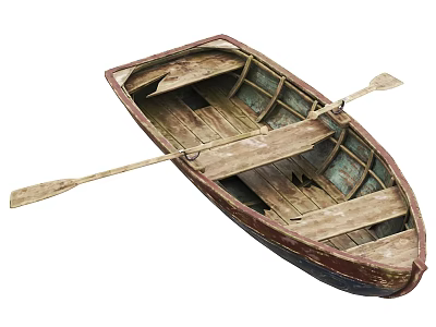 Vintage Wooden Boat With Weathered Planks And Oars On White Background 3d model