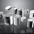 White Food Cans In Various Sizes Arranged On Dark Reflective Surface 3d model