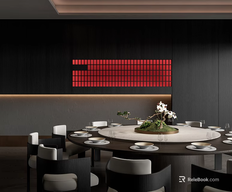 Elegant Private Dining Room Interior With Dark Wall Red Grille Round Table And Orchids 3d model 