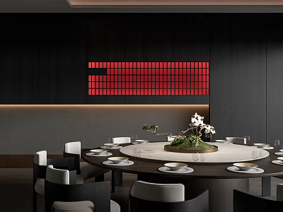 Elegant Private Dining Room Interior With Dark Wall Red Grille Round Table And Orchids 3d model