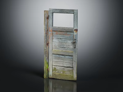 Vintage Weathered Wooden Door With Slats Hinges And Green Mossy Patches 3d model
