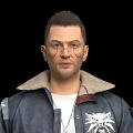 Man Wearing Blue Jacket With Fleece Collar White T-shirt Necklace White Emblems And Red Button