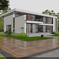 Modern Single Family House Exterior With Large Glass Windows Wooden Deck And Landscaping