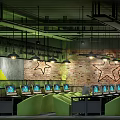 Stylish Internet Cafe Interior Featuring Green Seats Large Gaming Mural Computers And Industrial Ceiling 3d model