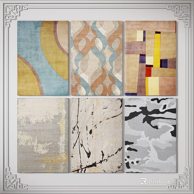 Various Square Rugs Featuring Geometric Abstract Patterns and Colorful Textures in Different Designs 3d model