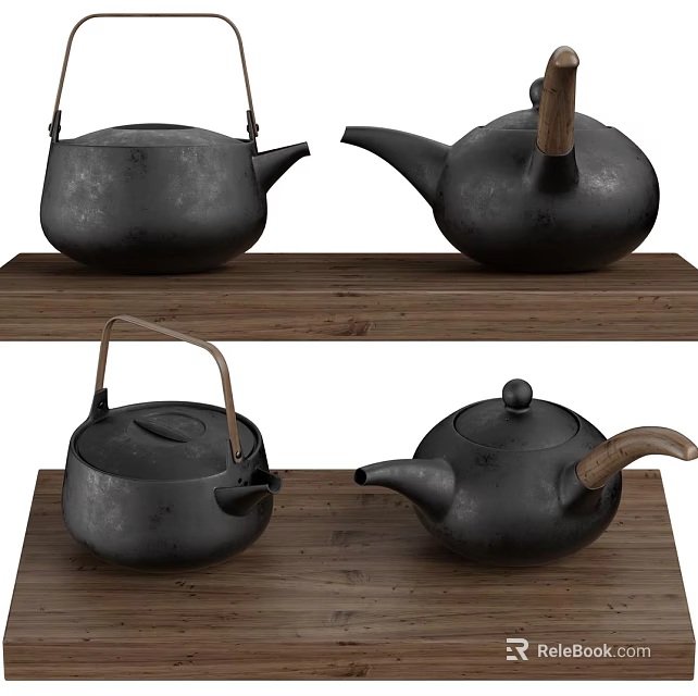 Black Cast Iron Teapots Placed On Wooden Tray For Traditional Tea Sets 3d model 