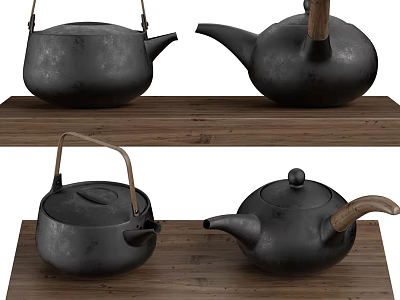 Black Cast Iron Teapots Placed On Wooden Tray For Traditional Tea Sets 3d model