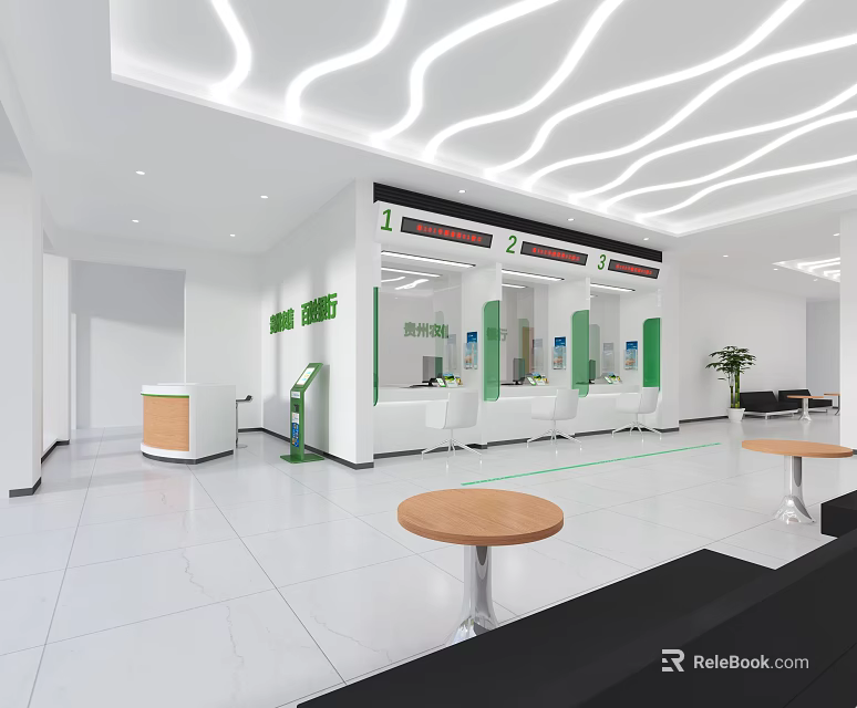 Modern Administrative Service Hall with Service Windows Self Service Terminals Bright Lighting and Clean Interior 3d model 