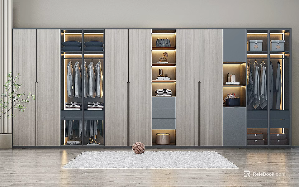 Modern Wardrobe Interior Design With Wooden Panels Built-in Shelves Hanging Rods And LED Lighting 3d model 