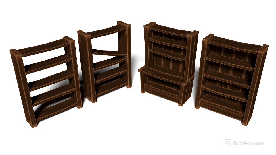 Brown Wooden Display Shelves with Multiple Layers and Various Designs 3d model 