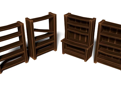 Brown Wooden Display Shelves with Multiple Layers and Various Designs 3d model