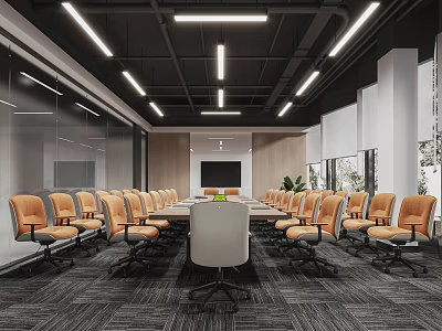 Modern Conference Room Interior With Long Table Orange Chairs And Linear Ceiling Lights 3d model