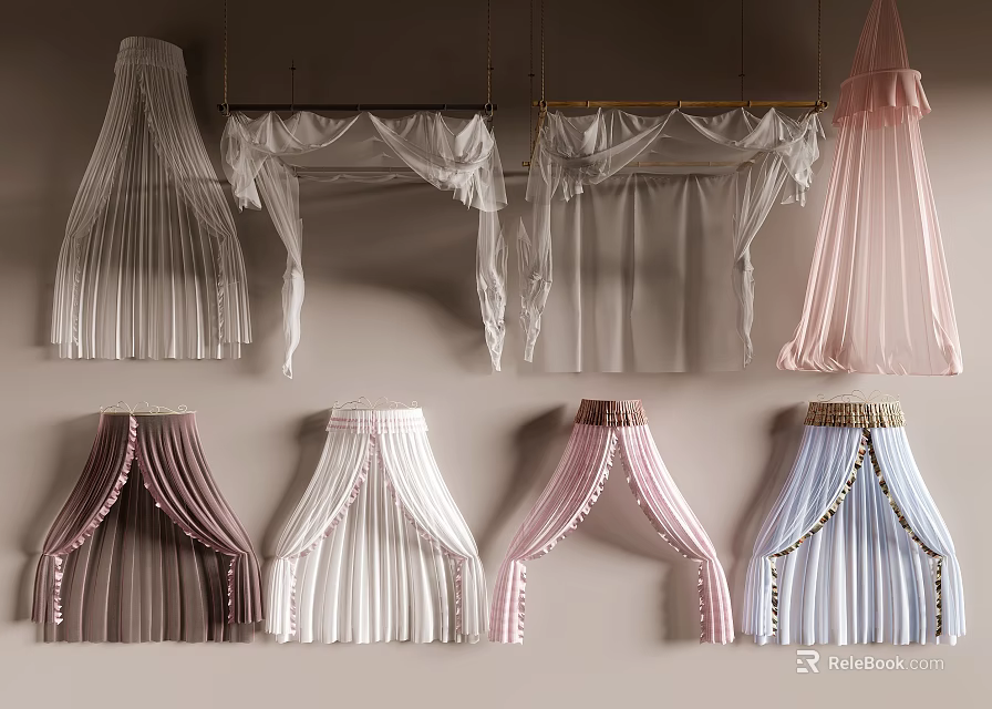 Stylish Ceiling Draperies With Pleated Designs In Pink White Blue And Brown Tones 3d model 